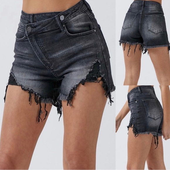 Black High Rise Cross Over Distressed Denim Risen Shorts - Picture 2 of 2